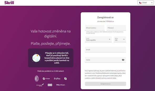 Registrační formulář Skrill