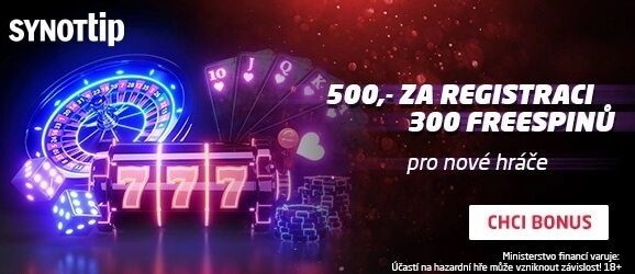 Bonus za registraci 300,- zdarma a 300 free spinů u SYNOT TIPu