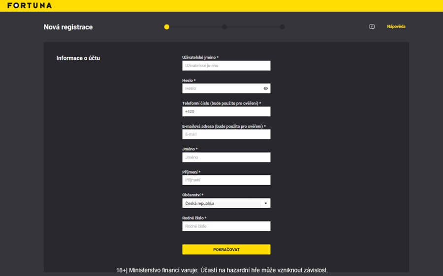 Registrace Fortuna – první krok