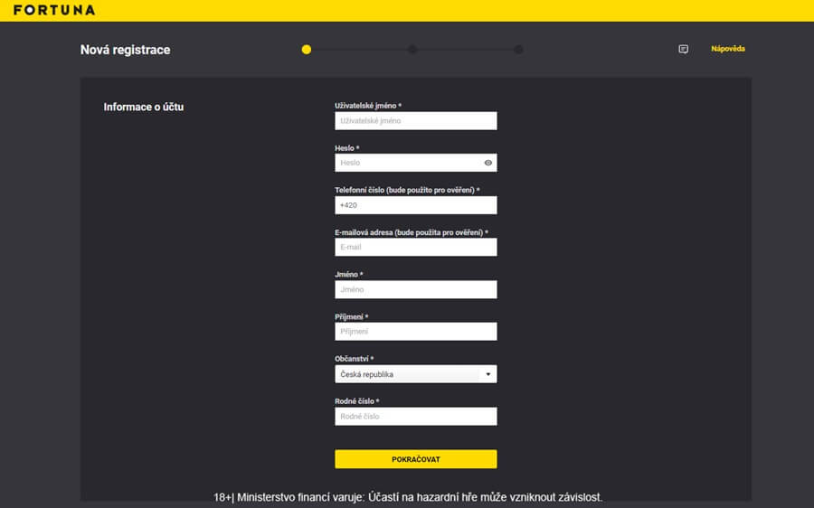 Registrace u Fortuny začíná vyplněním první strany formuláře ZDE
