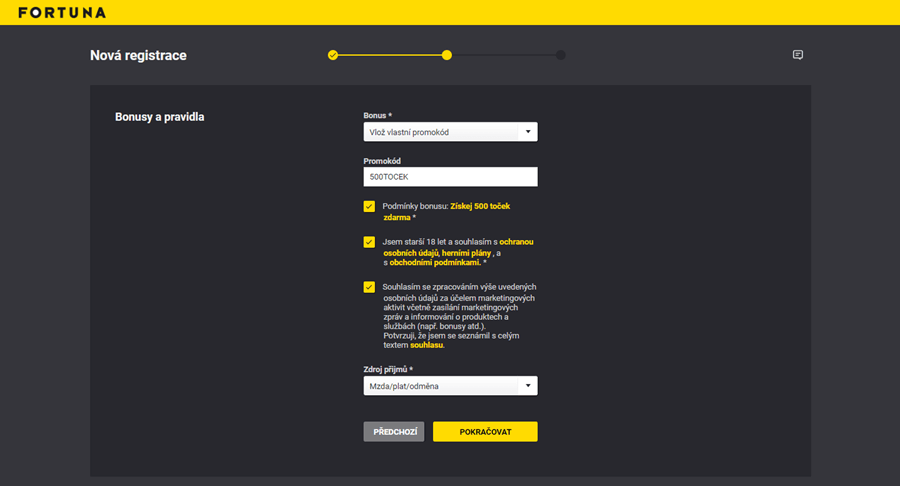 Druhá strana registračního formuláře u Fortuny