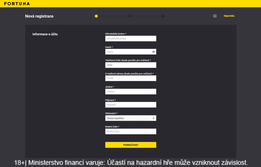 Registrace na herně Fortuna Poker