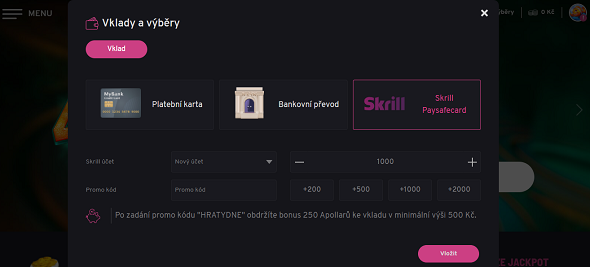 Zvolte metodu vkladu pod tlačítkem Skrill / Paysafecard