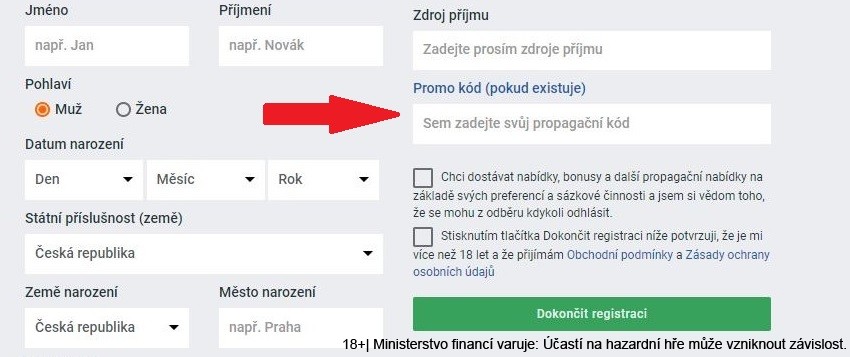 Registrační formulář - Betano promo kód