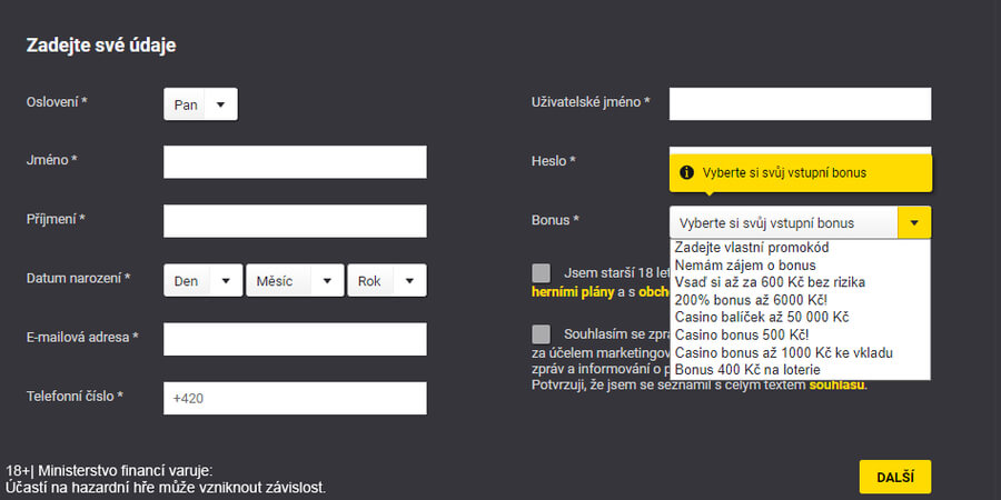 Zvolte si při registraci u Fortuny bonus a promokod nebudete muset znát