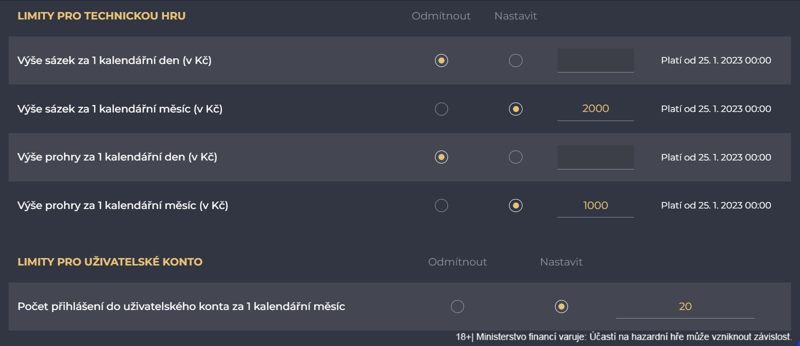 Herní limity Grandwin casino online