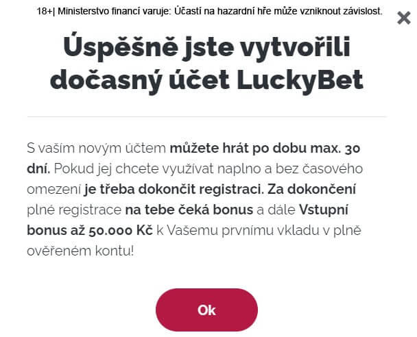 Dokončení registrace a získání bonusu u LuckyBetu