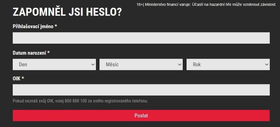 Formulář pro obnovu zapomenutého hesla u casina SYNOT TIP