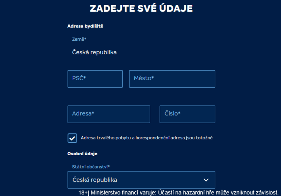 Zadání osobních údajů během registrace