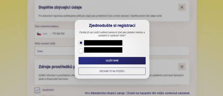 Sazka registrace – uložení platební metody