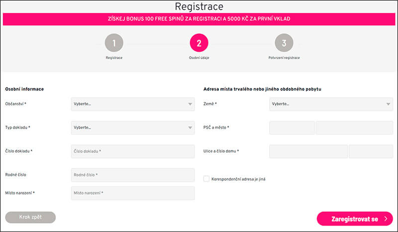 Apollo Games registrační formulář: vyplňte další osobní údaje a vaši adresu bydliště