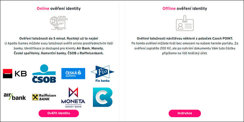 Apollo Games: výběr ověření identity online či offline